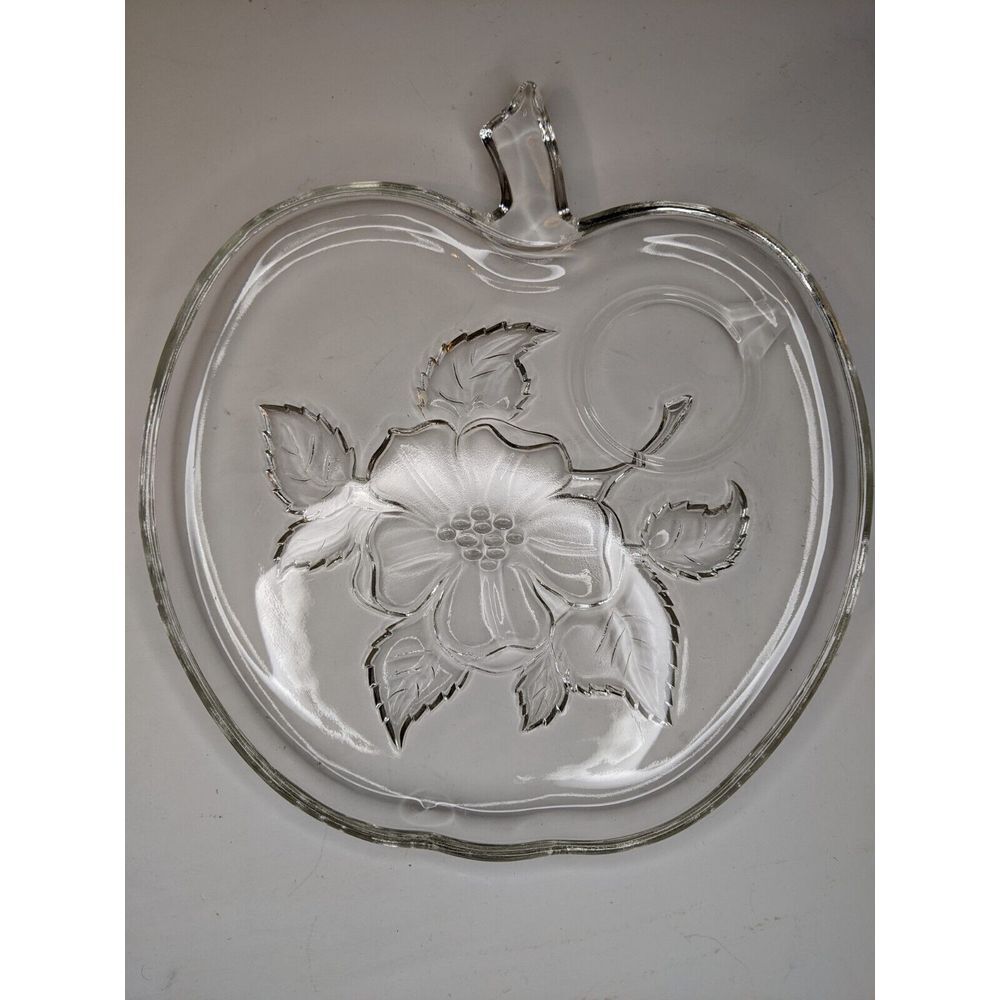 Vintage Apple Shaped Serving Dish With ‎ Flower Detail Clear Glass